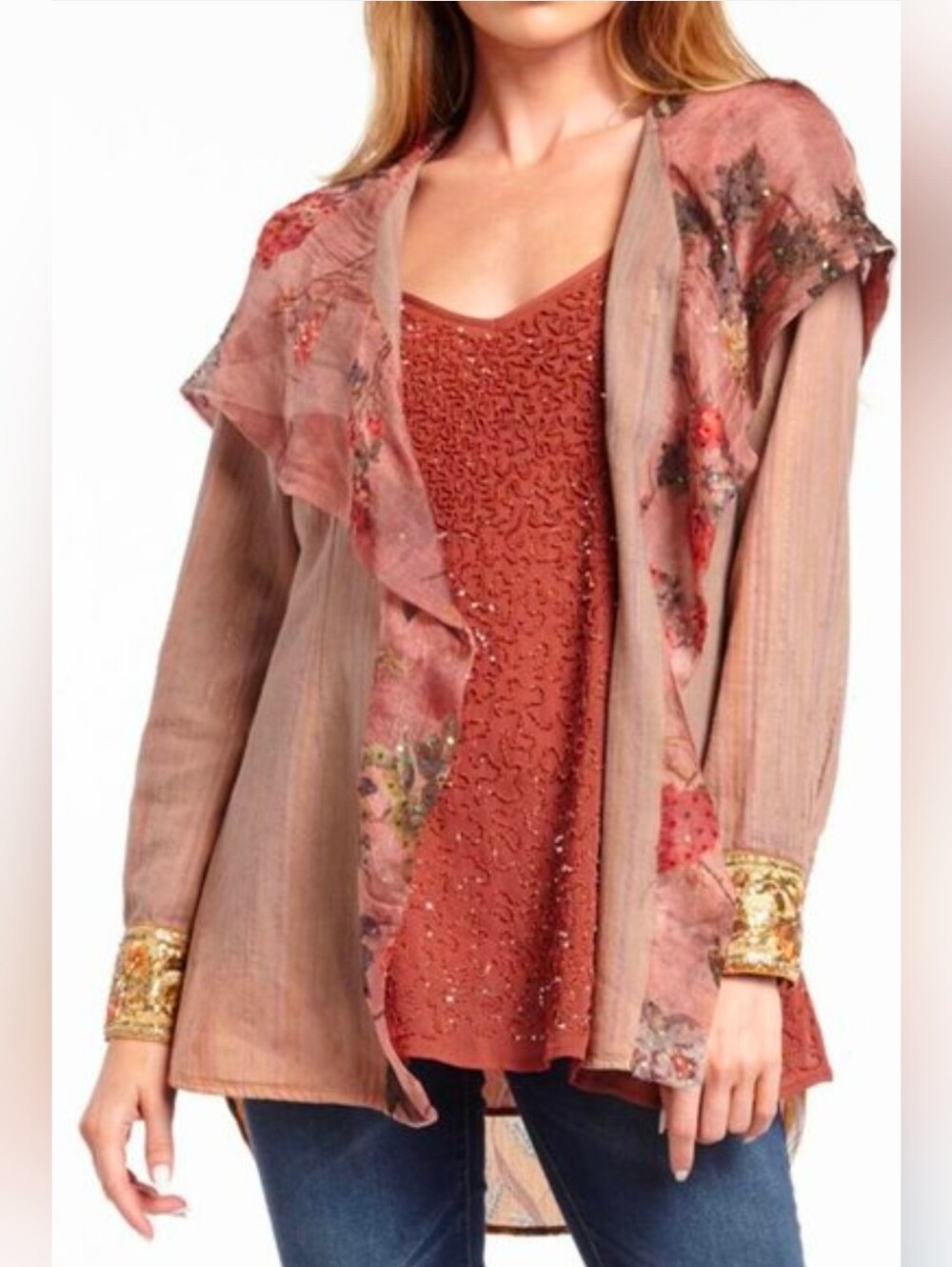 Aratta - Looks Authentic Hoody Kimono Embroidered w Flower&Sequin Detail NWT M - Picture 3 of 16